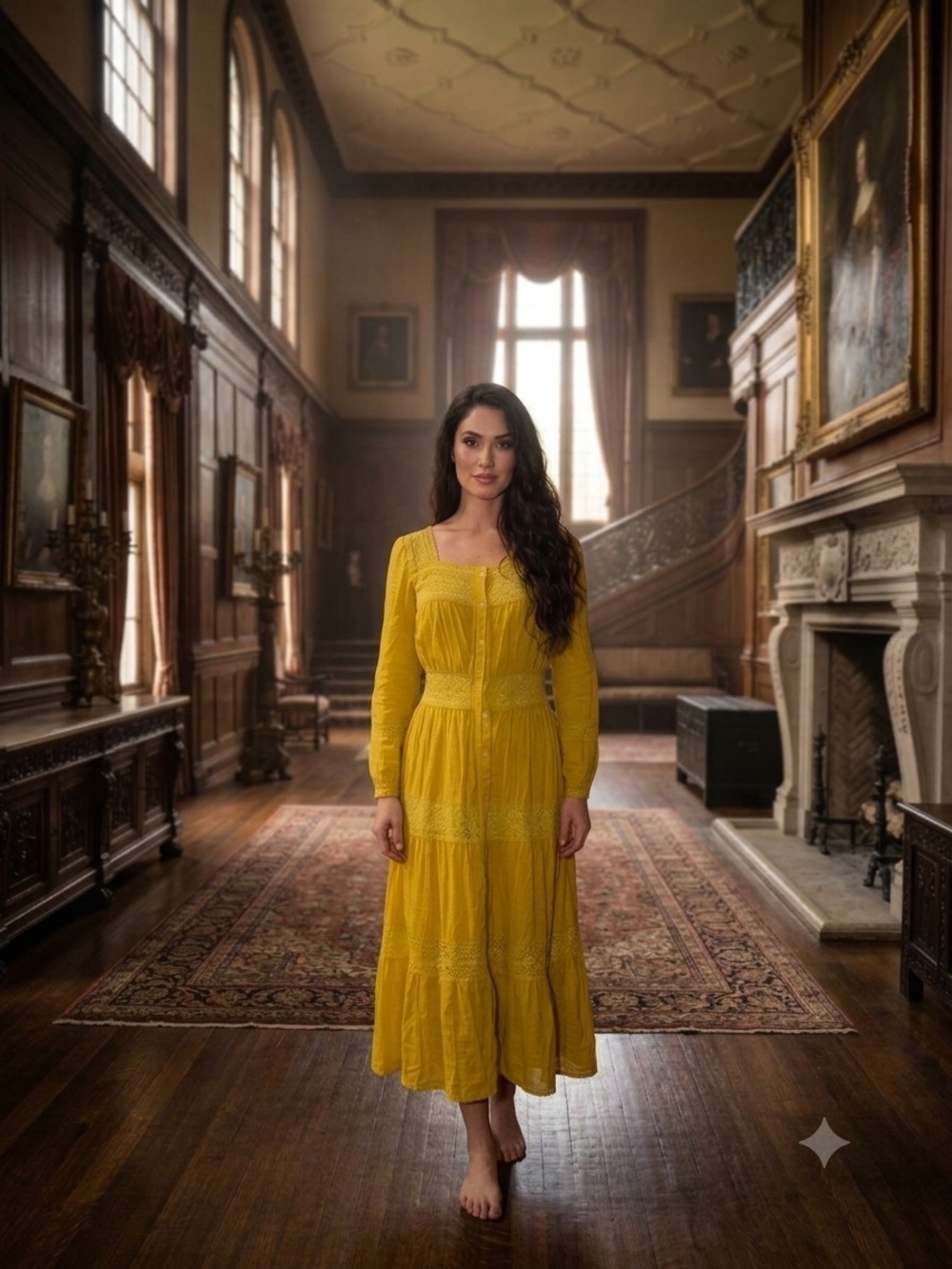 Simply Retro Boho Yellow Long-Sleeve Maxi Dress with Lace Detail